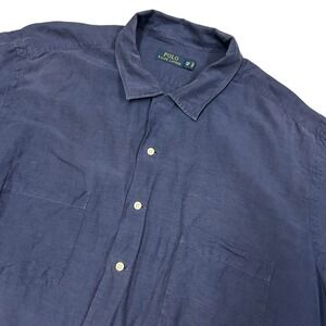 Polo Ralph Lauren Linen Silk Shirt Mens 2XB Big Blue Loop Collar Short Sleeve